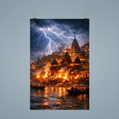 Varanasi cremation ghats in monsoon lightning poster 9
