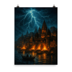 Varanasi cremation ghats under monsoon lightning poster on a plain backdrop in size 8"x10".
