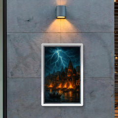 Varanasi cremation ghats under monsoon lightning poster 2