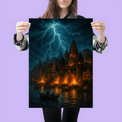 Varanasi cremation ghats under monsoon lightning poster 3