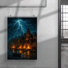 Varanasi cremation ghats under monsoon lightning poster 4
