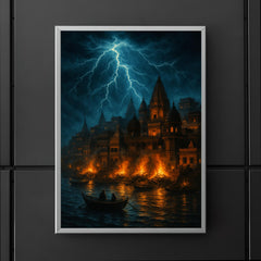 Varanasi cremation ghats under monsoon lightning poster 5