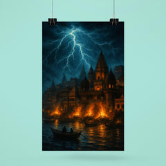Varanasi cremation ghats under monsoon lightning poster 6