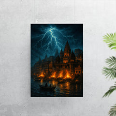 Varanasi cremation ghats under monsoon lightning poster 7