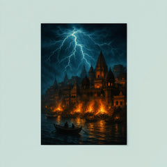 Varanasi cremation ghats under monsoon lightning poster 8