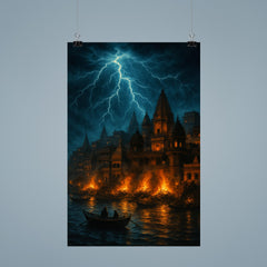 Varanasi cremation ghats under monsoon lightning poster 9