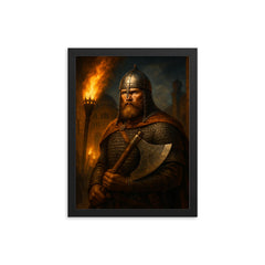 Varangian Guard axeman in Constantinople torchlight framed print on a plain backdrop in size 12"x16".