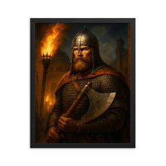 Varangian Guard axeman in Constantinople torchlight framed print on a plain backdrop in size 16"x20".