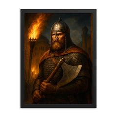 Varangian Guard axeman in Constantinople torchlight framed print on a plain backdrop in size 18"x24".