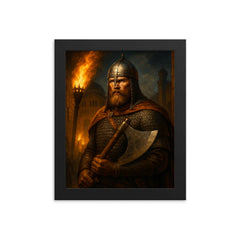 Varangian Guard axeman in Constantinople torchlight framed print on a plain backdrop in size 8"x10".