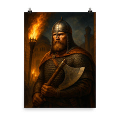 Varangian Guard axeman in Constantinople torchlight poster on a plain backdrop in size 8"x10".