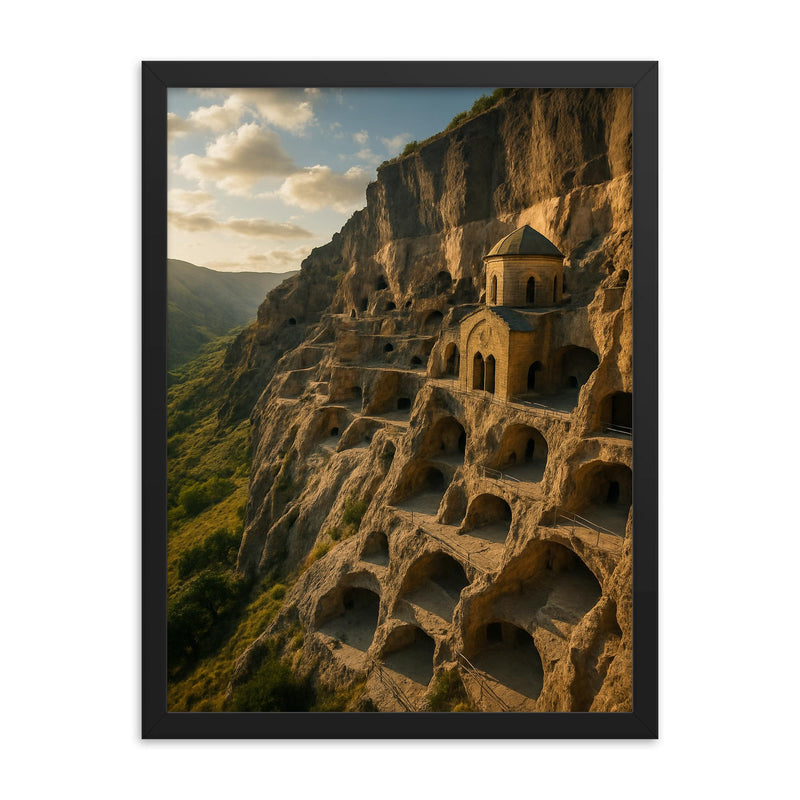 Vardzia Cave Monastery Georgia framed print on a plain backdrop in size 18