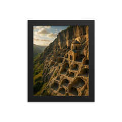 Vardzia Cave Monastery Georgia framed print on a plain backdrop in size 8"x10".