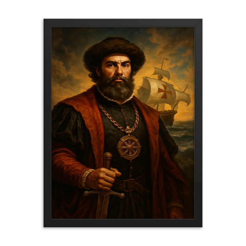 Vasco da Gama framed print on a plain backdrop in size 18