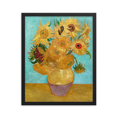 Vase with Twelve Sunflowers by Vincent van Gogh framed print on a plain backdrop in size 16"x20".