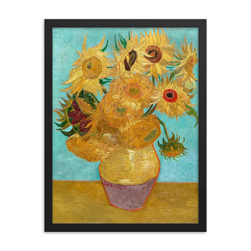 Vase with Twelve Sunflowers by Vincent van Gogh framed print on a plain backdrop in size 18