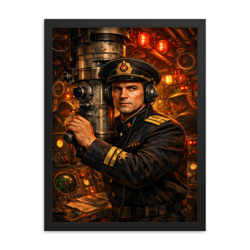Vasily Arkhipov in Soviet submarine control room framed print on a plain backdrop in size 18
