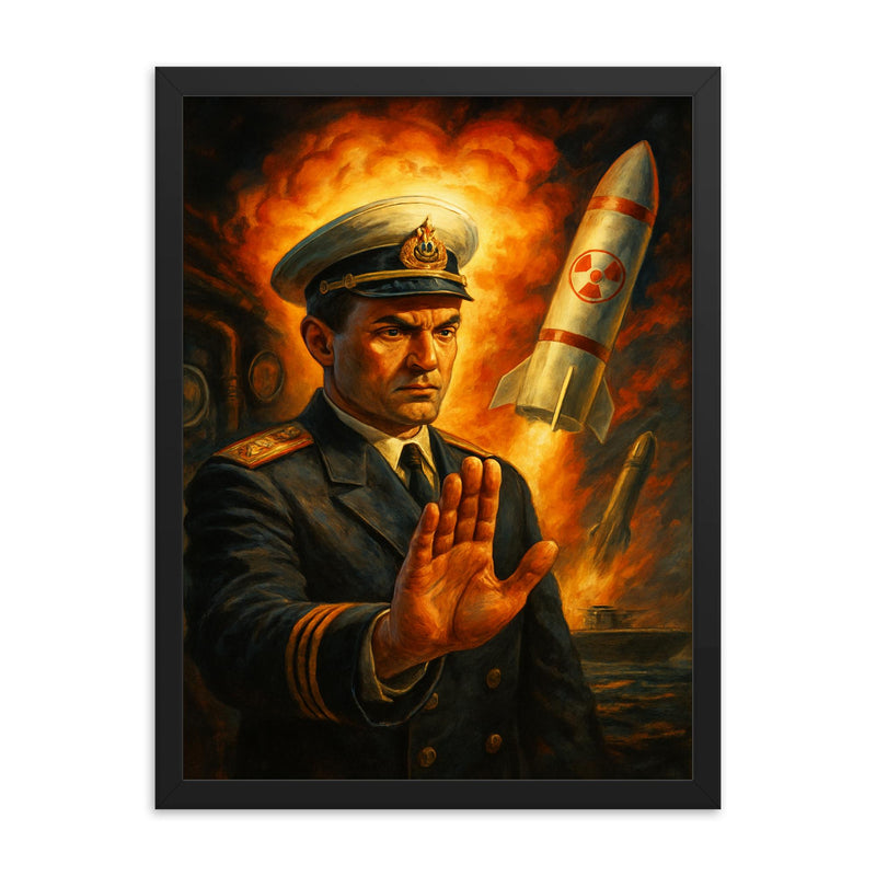 Vasily Arkhipov refusing nuclear launch framed print on a plain backdrop in size 18