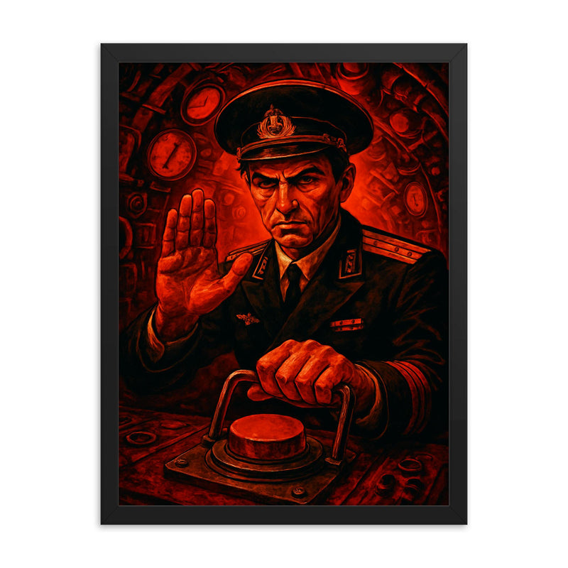 Vasily Arkhipov refusing nuclear launch in red lit submarine framed print on a plain backdrop in size 18