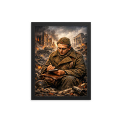 Vasily Grossman amid Stalingrad ruins writing notes framed print on a plain backdrop in size 12"x16".