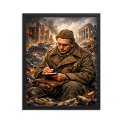 Vasily Grossman amid Stalingrad ruins writing notes framed print on a plain backdrop in size 16"x20".
