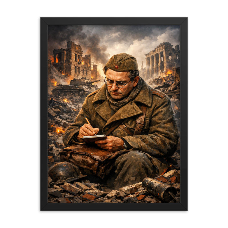 Vasily Grossman amid Stalingrad ruins writing notes framed print on a plain backdrop in size 18