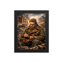 Vasily Grossman amid Stalingrad ruins writing notes framed print on a plain backdrop in size 8"x10".