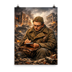 Vasily Grossman amid Stalingrad ruins writing notes poster on a plain backdrop in size 8"x10".