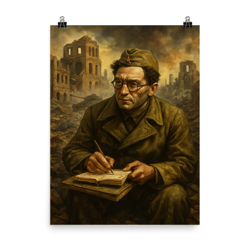 Vasily Grossman at Stalingrad with notebooks poster on a plain backdrop in size 8