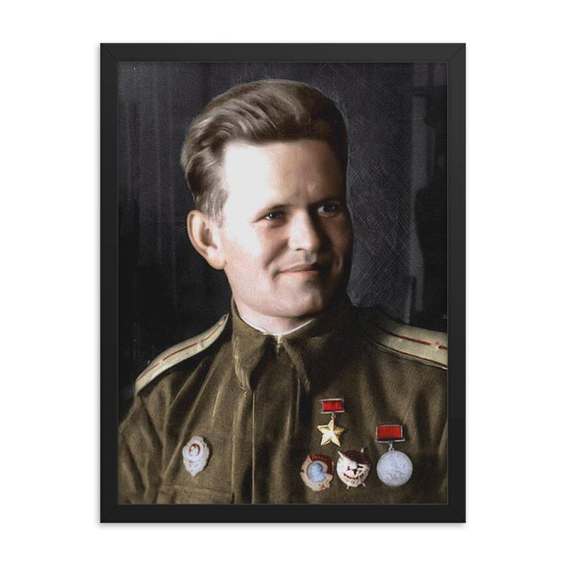 Vasily Zaitsev framed print on a plain backdrop in size 18
