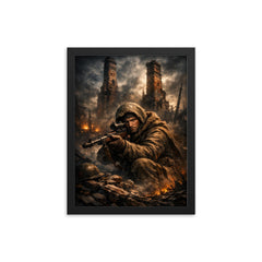 Vasily Zaitsev in ruined Stalingrad chimney shadows framed print on a plain backdrop in size 12"x16".