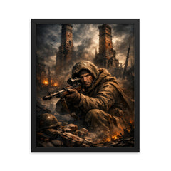 Vasily Zaitsev in ruined Stalingrad chimney shadows framed print on a plain backdrop in size 16"x20".
