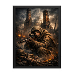 Vasily Zaitsev in ruined Stalingrad chimney shadows framed print on a plain backdrop in size 18"x24".