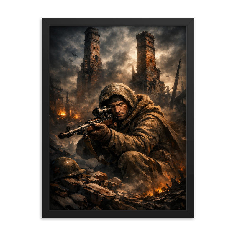 Vasily Zaitsev in ruined Stalingrad chimney shadows framed print on a plain backdrop in size 18