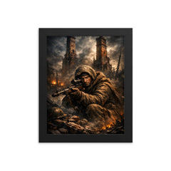 Vasily Zaitsev in ruined Stalingrad chimney shadows framed print on a plain backdrop in size 8"x10".