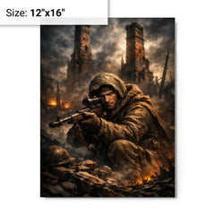 Vasily Zaitsev in ruined Stalingrad chimney shadows metal print on a plain backdrop in size 12"x16".