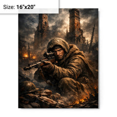 Vasily Zaitsev in ruined Stalingrad chimney shadows metal print on a plain backdrop in size 16"x20".