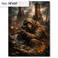 Vasily Zaitsev in ruined Stalingrad chimney shadows metal print on a plain backdrop in size 18"x24".
