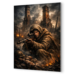 Vasily Zaitsev in ruined Stalingrad chimney shadows metal print mockup