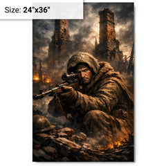 Vasily Zaitsev in ruined Stalingrad chimney shadows metal print on a plain backdrop in size 24"x36".