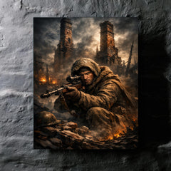 Vasily Zaitsev in ruined Stalingrad chimney shadows metal print mockup