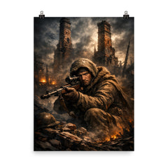 Vasily Zaitsev in ruined Stalingrad chimney shadows poster on a plain backdrop in size 8"x10".