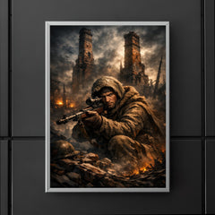 Vasily Zaitsev in ruined Stalingrad chimney shadows poster 5