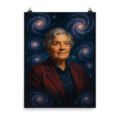 Vera Rubin among spiraling dark matter galaxies poster on a plain backdrop in size 8"x10".