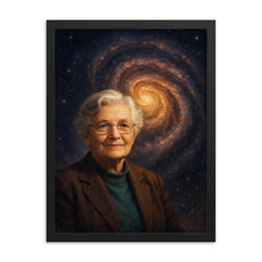 Vera Rubin before spiraling dark matter galaxy framed print on a plain backdrop in size 18"x24".