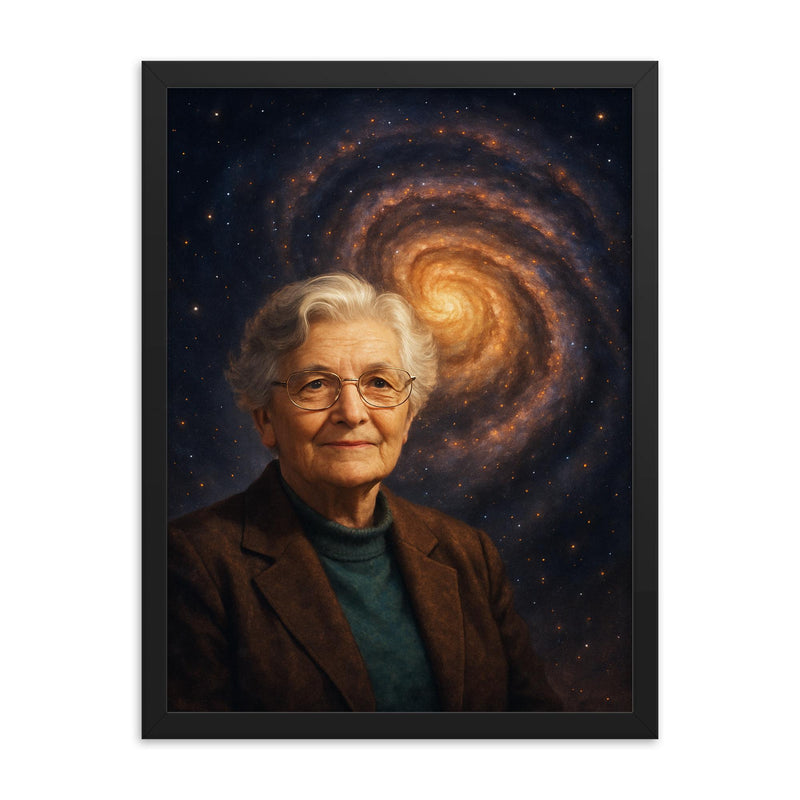 Vera Rubin before spiraling dark matter galaxy framed print on a plain backdrop in size 18