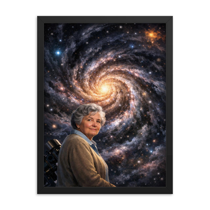 Vera Rubin before spiraling dark matter galaxy framed print on a plain backdrop in size 18