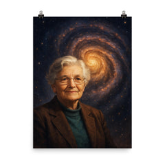 Vera Rubin before spiraling dark matter galaxy poster on a plain backdrop in size 8"x10".