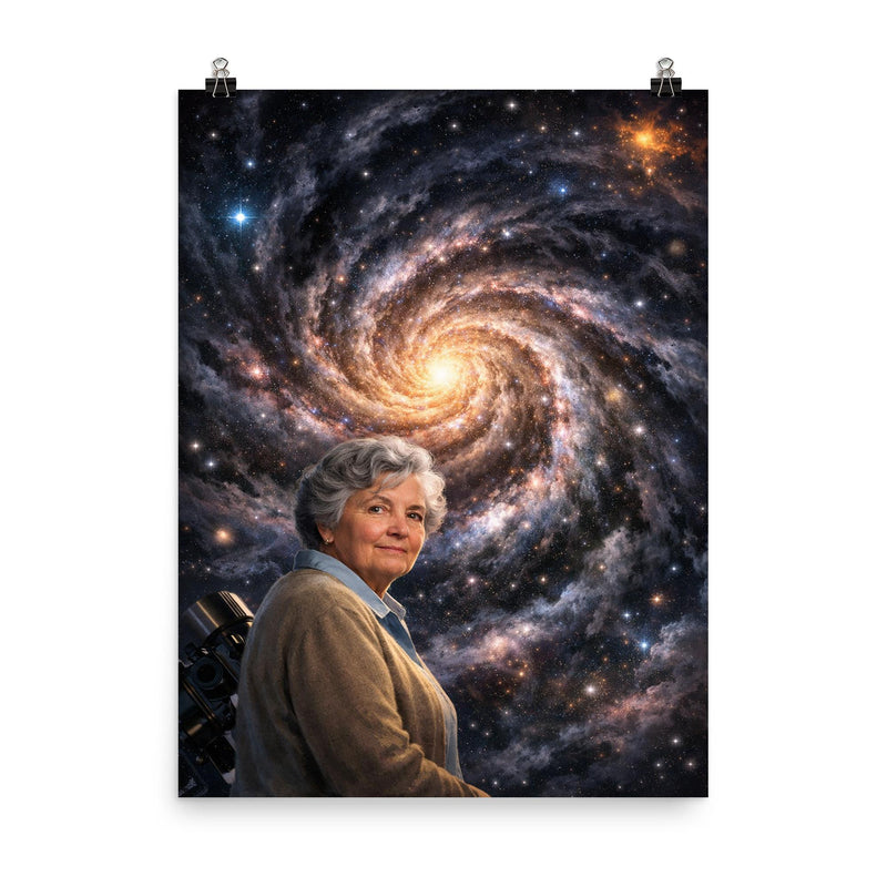 Vera Rubin before spiraling dark matter galaxy poster on a plain backdrop in size 8