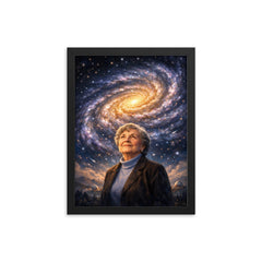 Vera Rubin beneath spiral galaxy curves framed print on a plain backdrop in size 12"x16".